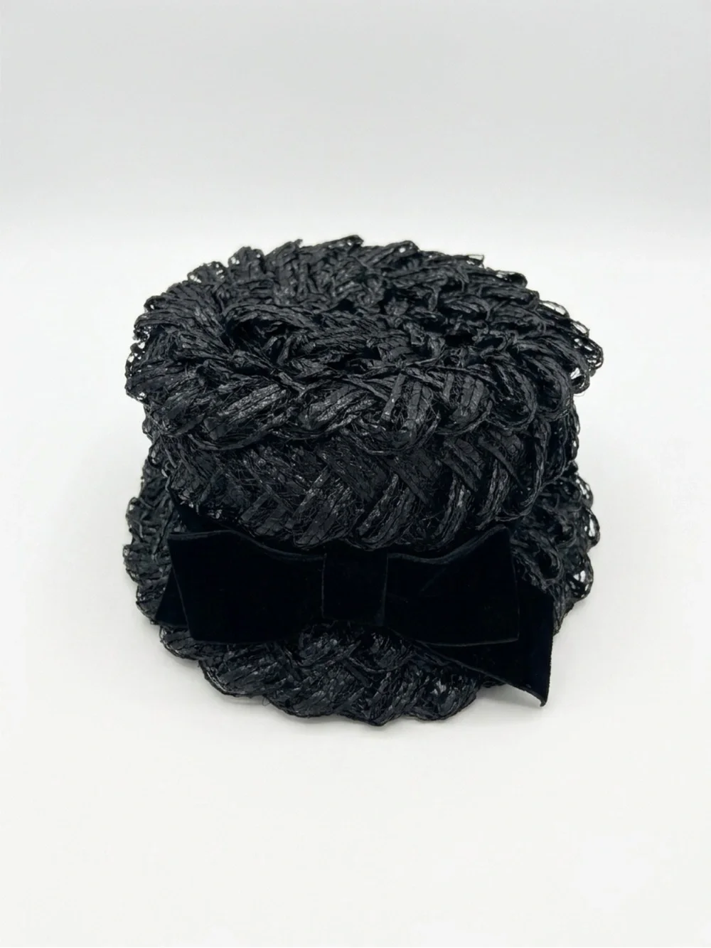 Vintage 50s Black Braided Straw Hat with Velvet Bow